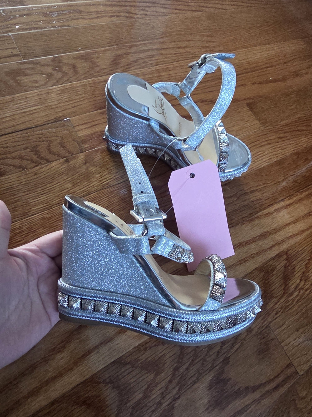 Christian Louboutin Silver Glitter Wedge Sandals with Studded Platform